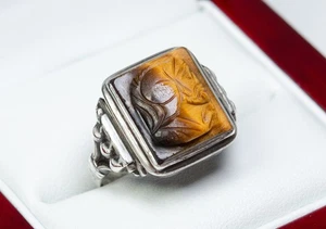 Argento - Anello Uomo Antico Art Nouveau - Anello Sigillo - Occhio di Tigre - Foto 1 di 6