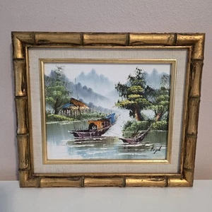 Vintage Original Canvas Oil Painting Signed Engel, of Fishing Village and Boats - Picture 1 of 7