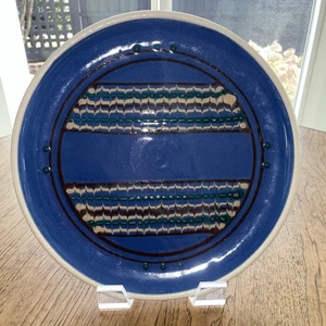 Vibrant Blue Glaze Geometric Bands 12.5” Studio Pottery Decorative Platter - Picture 1 of 12