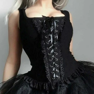 Gothic Lace black Tank Top Women Cami Sleeveless Shirt Lace Up Vest Size S-L - Picture 1 of 23