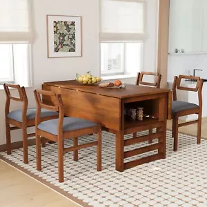 5 Pieces 47.2" Extendable Square Dining Table Set Two Drop Leaves 4 Chairs Brown - Picture 1 of 20