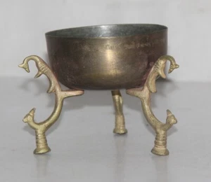 Antique Old Brass Handcrafted Bowl On Peacock Shape Stand Nice Patina 9801 - Picture 1 of 6