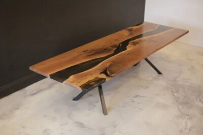 Custom Walnut Wood BLACK Color Epoxy Dining Table - Elegant Live Edge Design - Image 1 of 4