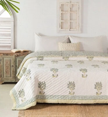 Indian Block Print Quilt Jaipuri Razai Pure Cotton Quilted Bedspread With Pillow - Image 1 of 4