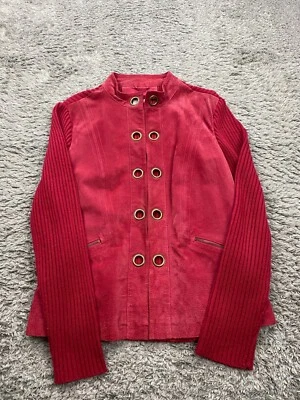 AMI Leather Jacket Women Large Rose Red Suede Wide Wale Corduroy Sleeve Coat Vtg - Image 1 of 4