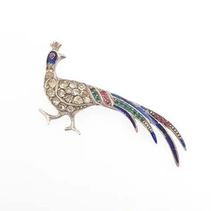 Antique Sterling Silver Peacock Brooch Diamond Paste Enamel Exotic Bird - Picture 1 of 10
