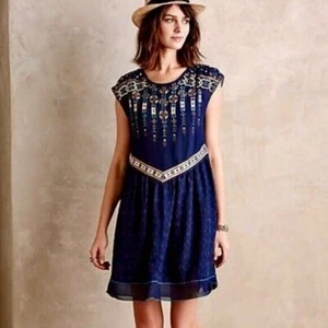 ANTHROPOLOGIE Abito Grande Blu Ricamato a Strati 'Un Settembre' Calliope - Foto 1 di 13