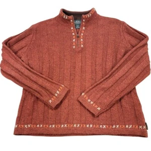 Woolrich Women's Sweater Large Orange Red Wool Blend 1/4 Zip Granny Nordic Knit - Picture 1 of 13
