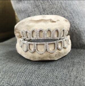 10k Real White Gold VVS Stones Iced Grillz Open Teeth 8 Top And Bottom Jewelry