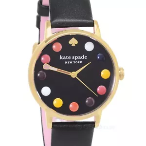 Kate Spade New York Womens Gold Metro Watch Makeup Brush Dial Gold Black Leather - Picture 1 of 8
