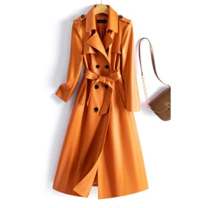 New Women's double-breasted leather jacket windbreaker outwear long parkas coat - Picture 1 of 17