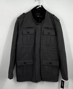 GUESS Jacket Coat Mens 2XL Gray Wool Full Zip Pockets Hooded Lined NWT Preppy - Picture 1 of 11