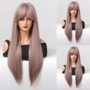 Long Straight Ash Purple Hair with Bangs Wigs Women Party Natural Daily Cosplay - Picture 1 of 6