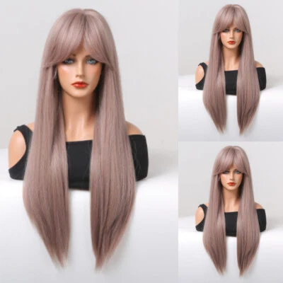 Long Straight Ash Purple Hair with Bangs Wigs Women Party Natural Daily Cosplay  - Image 1 of 4