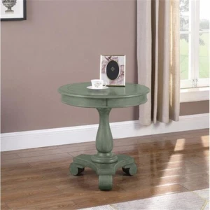 Transitional Antique Round End Table, Pedestal Base 1 Pc Wooden Side Table, Teal - Picture 1 of 3