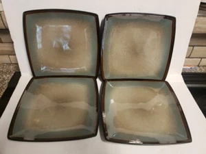 4 GIBSON ELITE 8" Square Salad Lunch DESSERT Plates Taupe Blue Tequesta Mint Lot - Picture 1 of 3