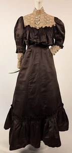 EARLY EDWARDIAN 2 PC SILK DRESS W PUFF SLEEVES + LACE TRIM - Picture 1 of 10