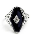 Art Deco Onyx Diamond Ring 14k White Gold Filigree Antique Vtg Coffin Mourning