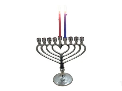 Candela Hanukkah Menorah Cuore Hanukia 9 rami ottone nichel plissettato Chanukah - Immagine 1 di 4
