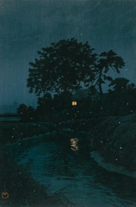 Japanese Art Print Repro Night Fireflies "Minuma River in Omiya" KAWASE HASUI - Picture 1 of 2