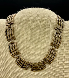 Vintage Mid Century Modern gerippt Metallarbeit Halsband Halskette 4 Blatt Kleeblatt Etikett - Bild 1 von 8