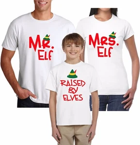 Chrismats Mr Elf and Mrs ELF AND RAISED BY ELVES Matching funny cute TShirts - Picture 1 of 4