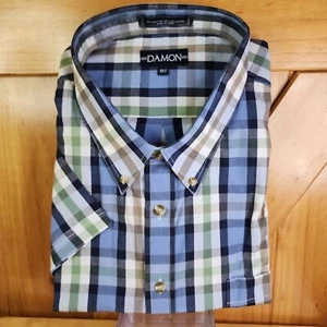 Damon 4 XL Men's Short Sleeve Button Up Shirt Blue, Green, Gray Plaid, Pocket - Picture 1 of 4