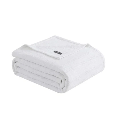 Manta de algodón con certificación King Size Oeko-Tex, tejido abigarrado a rayas blanca Foto 1 de 4