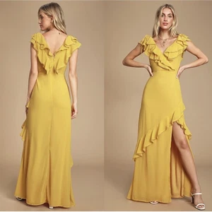 Maxi abito Lulus Love From Above giallo senape con volant Surplice M - Foto 1 di 7