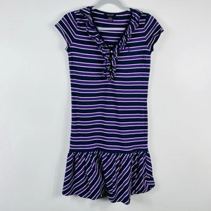 Ralph Lauren Size XL 16 Striped Ruffle Neck Cap Sleeve Dress Purple Navy Blue - Picture 1 of 5