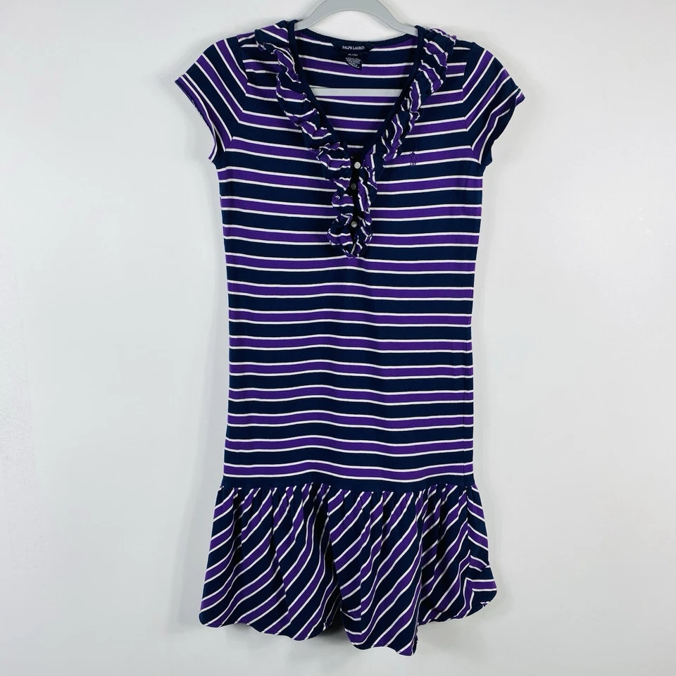 Ralph Lauren Size XL 16 Striped Ruffle Neck Cap Sleeve Dress Purple Navy Blue - Image 1 of 4