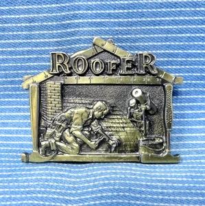 Roofer Dress Belt Buckle Tar Shingles Hammers Nails Vtg 80s TGABC .CPA611 - Picture 1 of 8