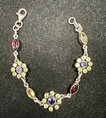 Nicky Butler Sterling Amethyst Peridot Lemon Quartz Garnet Flower Bracelet -7" - Image 1 of 4