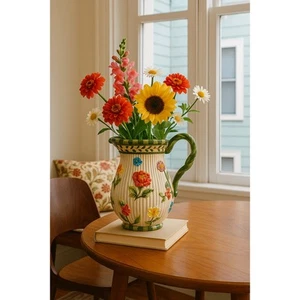 FITZ AND FLOYD Floral Ceramic Pitcher with Braided Handle Embossed 3D Flowers - Picture 1 of 6