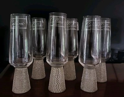 切利尼手工银色水晶水钻底座香榭丽/葡萄酒长笛-套装/6-全新   — 第 1/4 张图片