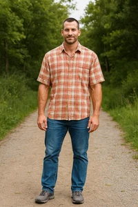 Bugatchi Uomo Linen Men L Orange Plaid Button Down Short Sleeve Coastal Shirt - Picture 1 of 4