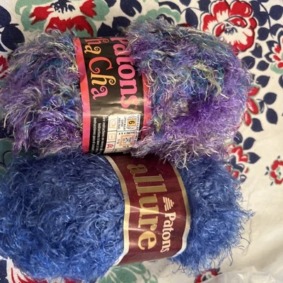 2 Skeins Patons Cha Cha And Allure Yarn Multi Colored Eyelash Style - Image 1 of 4