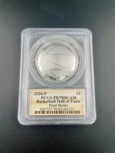 2020-P FIRST STRIKE BASKETBALL HALL OF FAME PROOF SILVER DOLLAR PR70 DCAM PCGS - Picture 1 of 2