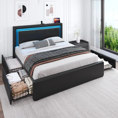 Marco de cama LED completo/queen con cabecero de carga y 4 cajones de almacenamiento Foto 1 de 4