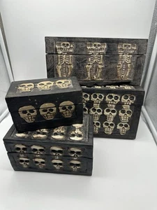Set Of 4 Gothic Hand Carved Wooden Boxes Skulls Skeletons Trinket Storage Decor - Picture 1 of 15