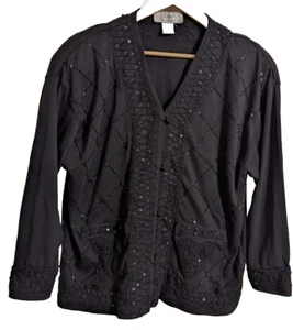 Lisa International Embroidered Button Front Jacket Black V-Neck Long Sleeve SZ M - Picture 1 of 8