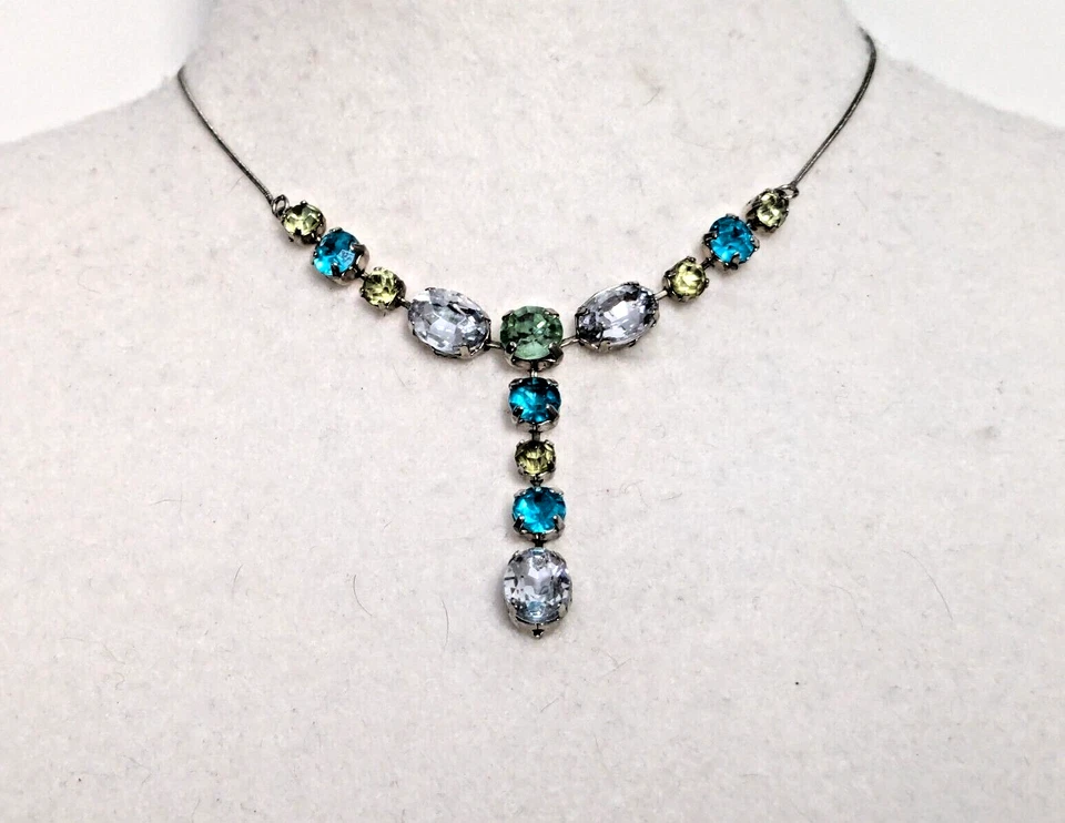 Collar Lariat Grande Amarillo Azul Cristal Transparente Estrás Tono Plata 19" Foto 1 de 4