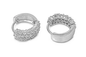 Micro Pave Huggie Hoop Earrings Clear Simulated CZ .925 Sterling Silver - Picture 1 of 2