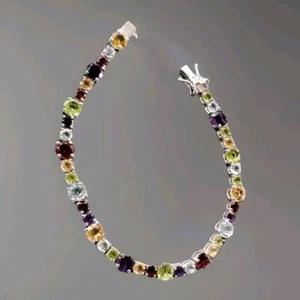 Multi Colored Gemstone 8 Inch Tennis Bracelet In Platinum Over Sterling Silver - Picture 1 of 8