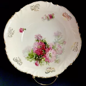 ANTIQUE BOWL SCALLOPED RED FLOWERS GOLD ACCENT 10 3/8" PORCELAIN - Picture 1 of 11