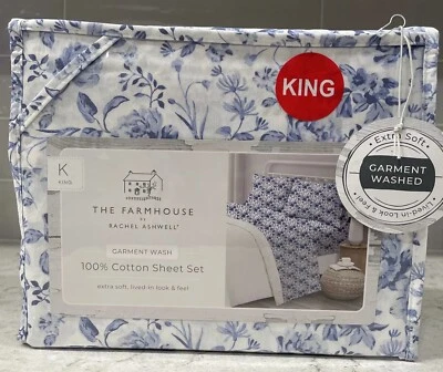BLUE WHITE Floral 100% Cotton KING Sheet Set The Farmhouse Rachel Ashwell Flower - Image 1 of 4