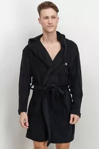 Aeropostale Men Hooded Plain Belted Long Sleeve Bath Robe, Black - Picture 1 of 3