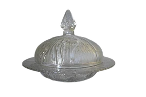 Jeannette Iris & Herringbone Butter Dome Clear Covered Glass Dish 2pcs Vintage - Picture 1 of 9