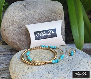Pulseras rellenas de oro amarillo 14K 1/20 y pendientes a juego con turquesa. - Imagen 1 de 10