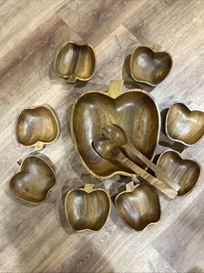 Vintage Apple Shaped Wood Salad Fruit Bowls Set of 9 Acacia Kraftware Imported - Picture 1 of 6